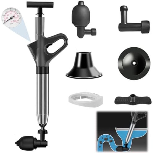 Toilet Unblocker Heavy Duty Plunger, High Pressure Plunger Kit with 4 Replaceable Heads and Inflatable Footbed, Plunger Sink Unblocker for Unblocking Toilets,Bathtub,Sink,Floor Drain (Grey)