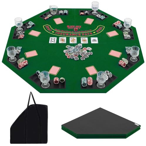 COSTWAY Mesa de Póker Plegable para 8 Jugadores, Tablero Portátil con Bolsa de Transporte, Bandejas para Fichas, Tapete de Póker con Alfombrilla Antideslizante para Juegos de Casino y Familia