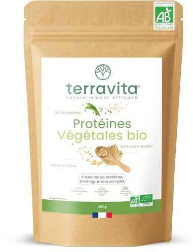 Protéines Végétales BIO | 4 Sources : Aminogramme Complet | Idéale en Shaker ou Recette | Mélange Onctueux sans Grumeaux | 500g Goût Neutre | Sans Excipients & Vegan | Made in France | Terravita