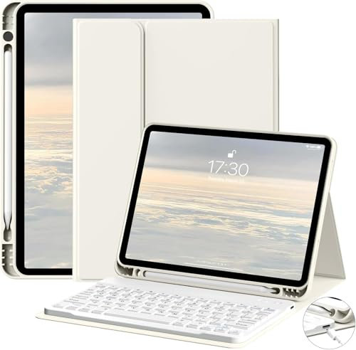 JKSMLKeyboard Case for iPad (A16)11th Gen 11 inch 2025 & iPad 10th Gen 10.9 inch 2022 with Holder | Detachable Bluetooth Wireless Keyboard | Soft TPU Back Shell | Auto Sleep/Wake (White Creme)