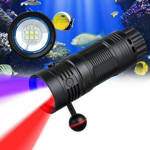 TrustFire DF50S Linterna Buceo, linterna submarina de 6500 lúmenes submarinismo Recargable con luz blanca y Luz Roja y UV, linterna de buceo nocturna impermeable IP68 con indicador de batería