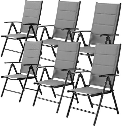 LIFERUN Aluminium Balkonstuhl 6 Set, Gartenstühl Hochlehner Klappbar, Bis 120 kg, 7-Fach Verstellbar, Outdoor Esszimmerstuhl, Armlehnen Klappstuhl, mit Gesteppte Rückenlehne & Sitzfläche, Grau, 6 PCS