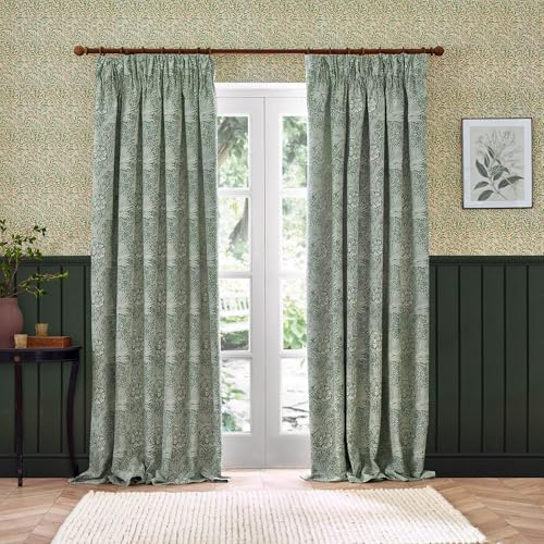 Morris&Co. Marigold Pencil Pleat Curtain Pair – Jacquard Lined Floral Heritage Drapes (Leaf Green - 229x229cm)