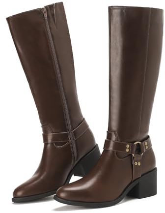 Putu Bottes Femme Mollet Large Plateau Talon Bloc Zip 36-41 | Bottes hautes en similicuir avec mollet large, zip latéral, talon bloc et boucle pour le quotidien