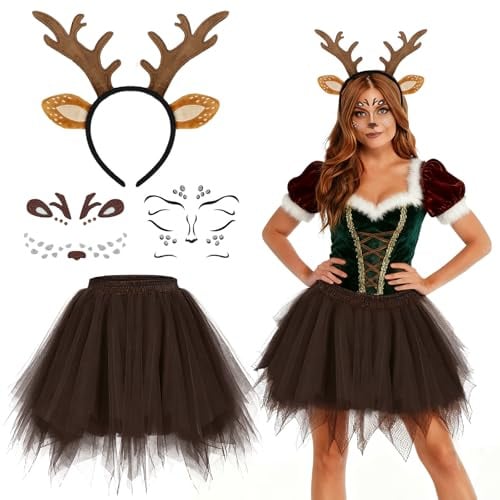 ZUZGO Rentier Kostüm Damen Reh Haarreif Tüllrock Kostüm Rentier für Karneval Weihnachten Hirschkostüm