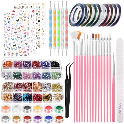 BUTBU Nail Art Kit, Doubel Ended Nail Art Brushes, nail Design Brushes, Nails Sticker Gems Butterfly Rhinestones Foils, Point Drill Drawing Painting Tools Set, Dotting Tool for Beginners (Set A)