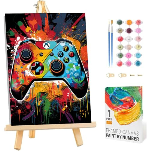 Peinture par numéros pour enfants avec cadre et chevalet en bois - Manette de jeu - Peinture par numéros - À partir de 5, 6, 7, 8, 9, 10 ans - Peinture acrylique - Pour débutants - Pour décoration de