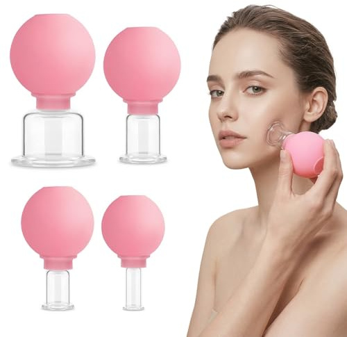 GWEOR Set di 4 Coppette in Silicone per Massaggio Anticellulite - Kit Coppettazione Professionale Viso e Corpo per Drenaggio Linfatico e Relax Muscolare - Colore Rosa con Scatola Regalo