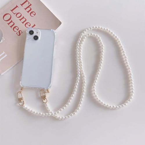 FIFTHAVE Chaîne de téléphone portable pour iPhone 14 - Coque de protection avec chaîne de perles - En silicone - Avec cordon de suspension - Transparent - Fine - En TPU souple