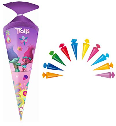 Schultüte / Zuckertüte / 35cm / rund / Trolls + 10 Deko Schultüten 12cm