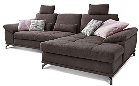 Cavadore Schlafsofa Castiel mit Federkern / Großes Sofa in L-Form mit Bettfunktion, Sitztiefenverstellung, Kopfstützen und XL-Longchair / 312 x 114 x 173 / Webstoff, Dunkelbraun