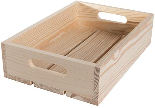 WooDeeDoo Solid Wooden Shallow Crate Storage Tray with Slatted Base - 30 x 20 x 7 cm - Strong Unfinished Pine Display Presentation Box Craft Organiser Retail Display Basket Container