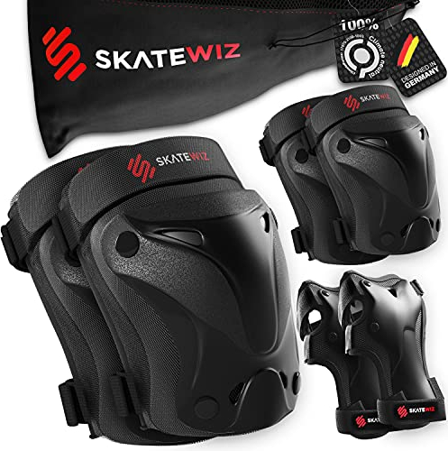 SKATEWIZ Knieschoner Kinder Schoner Inliner Kinder - Knieschützer - Schützer Inliner Schutzausrüstung - Protektoren - Knie- und Ellenbogenschützer Schwarz Größe M