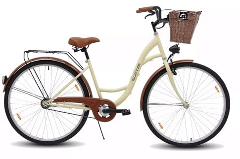 Goetze ECO 28 Zoll Damen Citybike, 18 Zoll Rahmen, Tiefeinsteiger, Rücktrittbremse & V-Brake, LED Beleuchtung, Gepäckträger, Komfortsattel & Schutzbleche, inkl. Abnehmbarer Rattan Korb