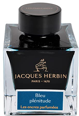 Jacques Herbin 14716JT - 50 ml scented perfume ink bottle for fountain and roller pens, Bleu Plénitude - Made in France - Calligraphy - Writing - Arts