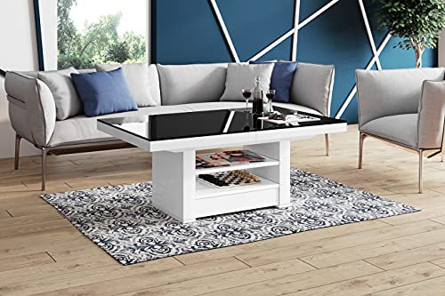 designimpex Design Couchtisch Tisch HLM-111 Schwarz/Weiß Hochglanz Schublade höhenverstellbar ausziehbar