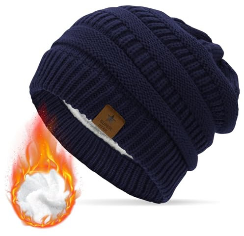 Durio Mütze Damen Winter Strickmütze Grobstrick Warme Beanie mit Innenfutter Navy