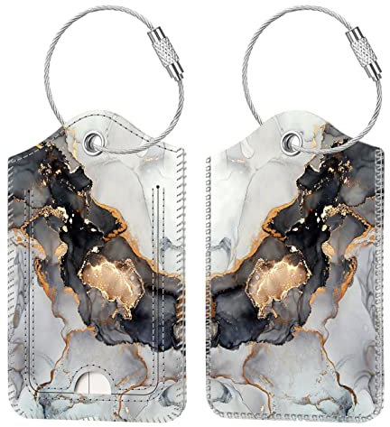 [2 Stück] Fintie Kofferanhänger mit Adressschild, Kunstleder Gepäckanhänger ID Etikett mit Edelstahl Drahtseil und Namenschild für Reisetasche Koffer, Trüber Marmor