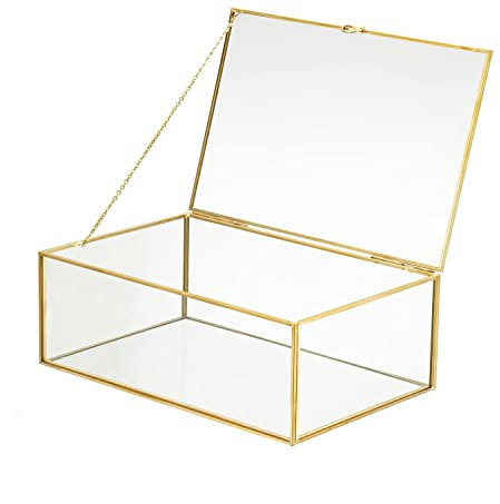 WHSLILR 27,4 cm Glas-Schmuckschatulle, goldfarbene Kartenbox mit Scharnierdeckel, goldene Erinnerungsbox zur Aufbewahrung von Hochzeitskarten, Schmuckstücken, Fotos und mehr, niedliche Glasbox für