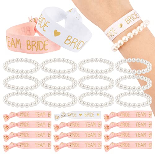 BETESSIN 24 Stücke JGA Armbänder Set für Frauen, 12 Bride Team Bride Armbänder + 12 Künstliche Elastische Perlenarmbänder für Junggesellinnenabschied Braut Hochzeit Hen Party Accessoires