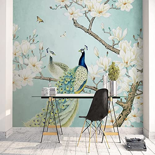 Teal Peacock Wall Mural White Flower Photo Wallpaper Home Decor Background Large Art Wall Painting for Living Room Bedroom 98x 69/250 x 175 cm(W x H)(It's not Peel and Stick)