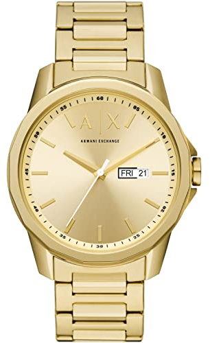 Armani Exchange Herrenuhr 3-Zeiger-Werk Wochentag Datum mindestens 50% recycelter Edelstahl goldfarben, AX1734