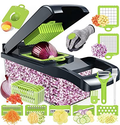 Amzeth Gemüseschneider, multifunktionaler Zwiebelzerkleinerer, 16-in-1 Gemüseschneider, Küche, Gemüseschneider, Würfel, Knoblauchzerkleinerer mit Behälter, Ablaufkorb (grau)