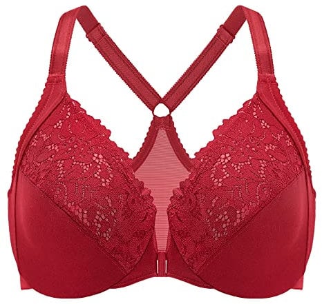 DELIMIRA Women's Front Fastening Bra Racer Back Lace Plus Size Non Padded Underwired Dark Red 48D