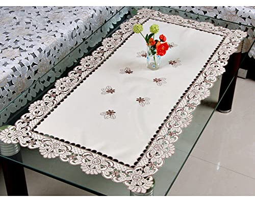 Lioaeust Tischdecke, weiß, bestickt, Spitze, florale Tischdecke, Hochzeit, Party, Satin-Stoff für Küche, Esszimmer, Picknick, Tischdekoration (quadratisch 57 x 117 cm)