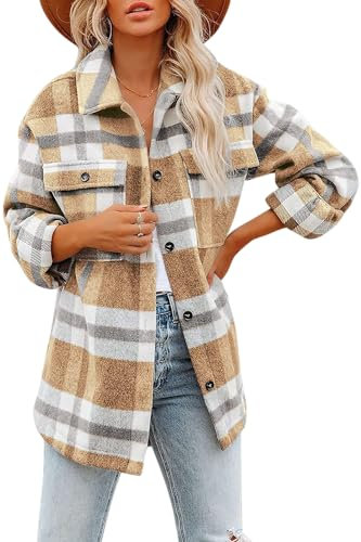 Iris Sprite Veste Chemise à Carreaux Shacket à Manches Longues en Flanelle pour Femme, Jaune, L
