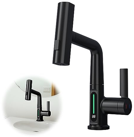 Frunimall Küchenarmatur mit Brause Ausziehbar 60CM,Wasserhahn Küche mit LED Display,Küchenarmatur mit 3 Strahlarten,Hochdruck Küchenarmatur 360° Drehung,Spültischarmatur Küche Kupferlegierung (Schwar)