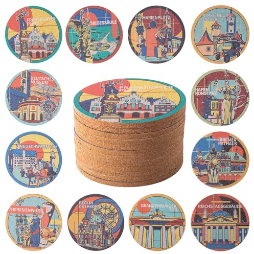 STARUBY 12 Stück Korkuntersetzer, Kork-Untersetzer für Getränke, Untersetzer für den Couchtisch, Saugfähige Untersetzer für Küche und Esszimmer Dekoration, rund 10cm im Durchmesser Malerischer Ort