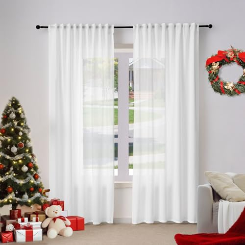 WOLTU Gardine, Schiebegardine mit Kräuselband, Vorhänge Leinenoptik, Leinenvorhang Halbtransparent Voile, Fenstergardine Modern, für Wohnzimmer Schlafzimmer, 135 x 245 cm, Weiß