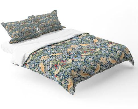 Fchen art William Morris Erdbeerdieb Bettwäsche Schlafzimmer Bettbezug Bedrucktes Muster, Morris Wurfkissenbezüge, Vintage Floral Bettbezug Queen Garden Flower Bettbezug mit Reißverschluss 223,5 x