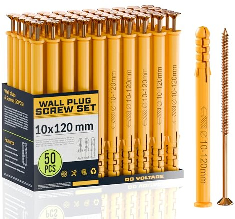 DC VOLTAGE 50pcs Wall Plugs and Screws Set 10 x 120mm Anchor Bolts for Masonry Brick Concrete Heavy Duty Brick Concrete Fixings Plugs Assorted Set