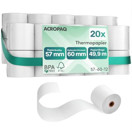 ACROPAQ - 20 x Thermorollen - 57mm x 60mm x 49,9m - Premium BPA-freies EC rollen thermo-papierrollen für Ec-Cash-Geräte - Kassenrollen, Bonrollen, Kassenbon Rolle