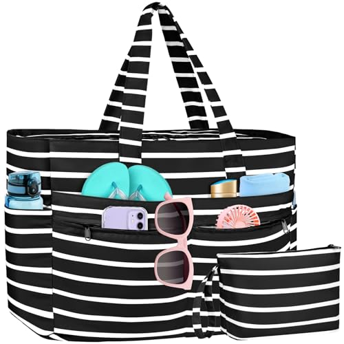 WACCET Bolsa de Playa Grande Mujer, Bolso de Playa Impermeable con Cremallera Bolso Playa Grande XXL Familiar 50L Plegable y Ligero Bolsa de Mano con Múltiples Bolsa Tote para Playa, Viajes, Piscina