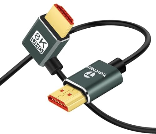 Thsucords Cable HDMI 2.1 Ultra Delgado 8K en ángulo izquierdo de 90 Grados 2M, Cable Flexible Delgado de Alta Velocidad Compatible con 4K @120Hz 8K @60Hz Compatible con Roku TV/HDTV/PS5/Blu-ray