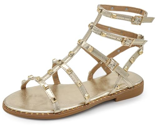 IF Fashion Scarpe Sandali Gladiatore Stivali Estivi da Donna Con Borchie Pelle Sintetica KK-701 oro N.40