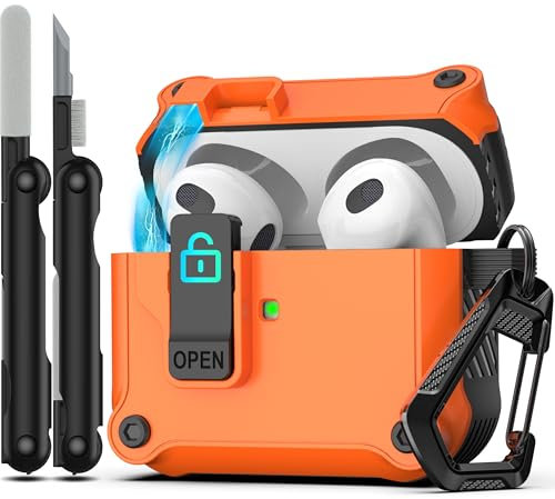 RFUNGUANGO Compatible with Airpods 3rd Generation Case with Cleaning Kit, Secure Closure Clip, Full Body Shockproof Compatible with Apple AirPod 3rd Generation 2021,Black-Switch Orange Case