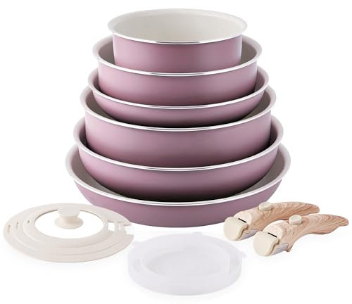 RIOVARM Lot de casseroles et poêles avec poignées amovibles, granit antiadhésif, empilable, avec couvercles en silicone, peu encombrant, sans PFOA, poêle à frire, casseroles
