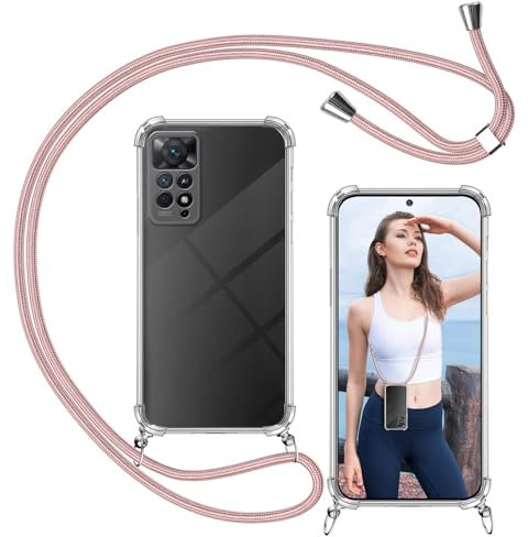 ISOI-Coque Cordon Compatible avec Xiaomi Redmi Note 11 Pro 5G, Collier Réglable Téléphone Portable Lanyard Case, Ètuis à Bandoulière Transparente en Silicone TPU Souple avec Airbag Antichoc-Rose