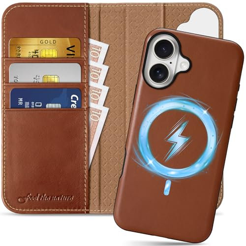 SHIELDON Case for iPhone 16 Plus 5G, Genuine Leather Detachable Wallet Case with Card Holder [RFID Blocking][Kickstand] 2 in 1 Magnetic Removable Case Compatible with iPhone 16 Plus 6.7 - Retro Brown