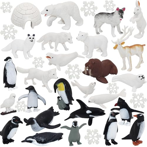 Okabay 36 PCS Arctic Antarctic Ocean Sea Animal Figures Set, Mini Polar Animal Figurines with Snowflake, Mini Plastic Polar Figurines Includes Penguin Bear Seal Cake Toppers Christmas Birthday