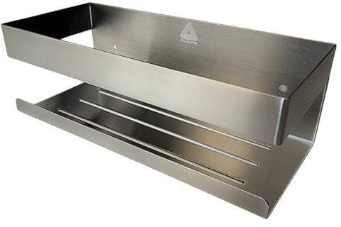 FLAME - Mensola Doccia Senza Foratura, Autoadesiva in Elegante Acciaio Inox SUS 304, 3 Biadesivi 3M EXTRAFORTI, Porta Sapone Per Doccia, 2 ganci per Accessori Doccia, Porta Shampoo Doccia Senza Forare