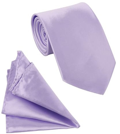 Trimming Shop Solid Satin Neck Tie and Pocket Square Set for Men 149 x 8cm Classic Tie with Handkerchief Business Plain Necktie Handkerchief Set for Wedding Birthday Party Formal Casual - Lilac Purple