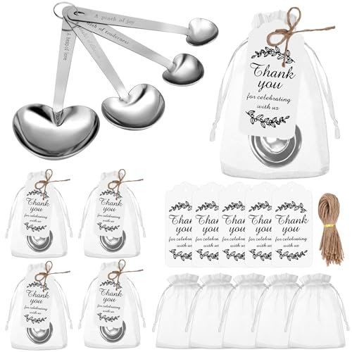 ULELE 5 Sets Heart Shaped Measuring Spoon Stainless Steel Measure Spoons with Thank You Card & Organza Bag for Bridal Shower Wedding Favors Spice Baking Spoon Tea Spoons for Guests Birthday Party Gift