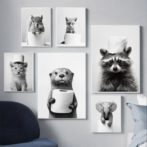 Affiche Murale Noir et Blanc Humour Animaux Photos Deco Salle de Bain Tableau 30x40 Poster WC Art Affiche Drole Toilette Tableau Humoristique WC Toile Poster Mural Chambre Adulte Rigolo Funny Amusante