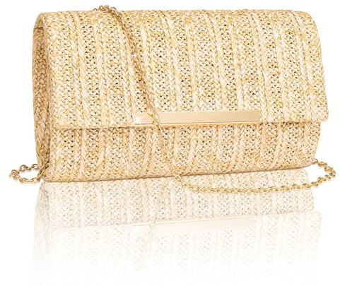 Larcenciel Bolso Mujer Paja, Bolsos Mujer Verano Playa con Cadena Desmontable, Boho Bolso Fiesta, Elegante Rafia Clutch, Casuale Bandolera Cartera de Mano para Verano, Bodas, Vacaciones, 22x13x5CM