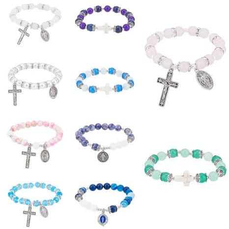 Hobbspring 10 Stück Rosenkranz Armbänder 10 Stile Wundertätige Medaille Armband Dehnbarer Rosenkranz Katholisches Armband Mit Kruzifix Für Frauen Männer Paare Kirchen Taufgeschenke
